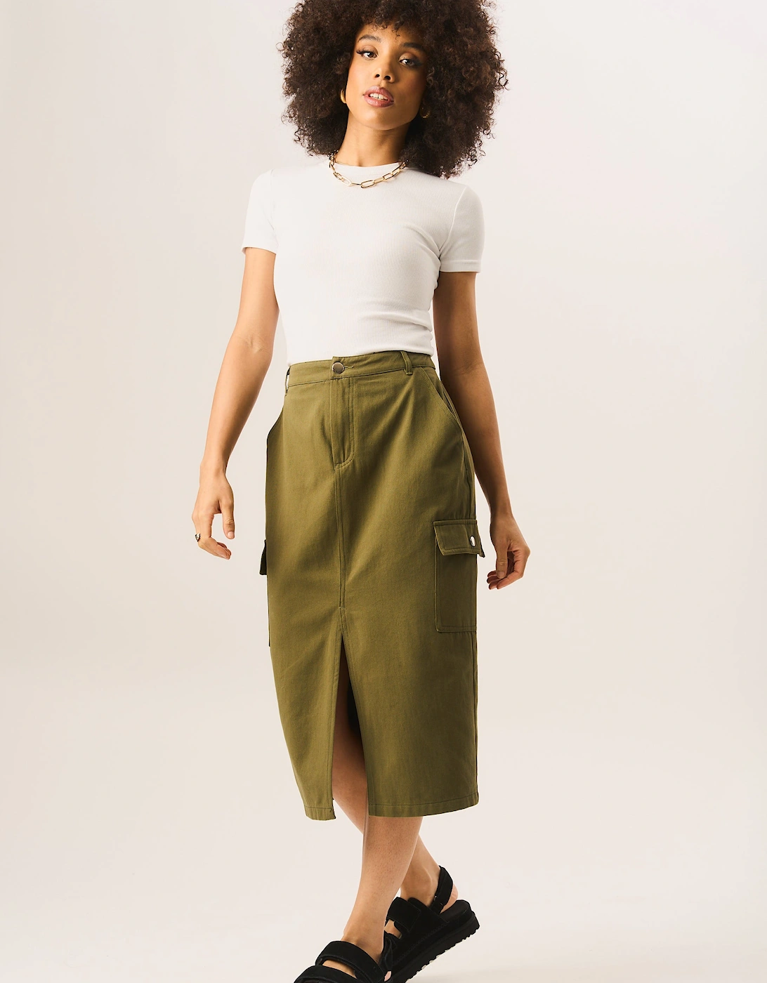 Khaki Cargo Midi Skirt