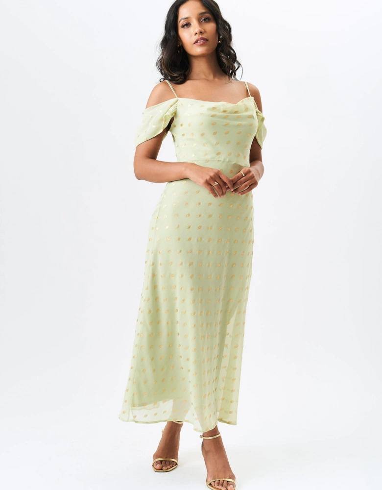 Sage Green Cowl Neck Drop Sleeves Foil Maxi Dress