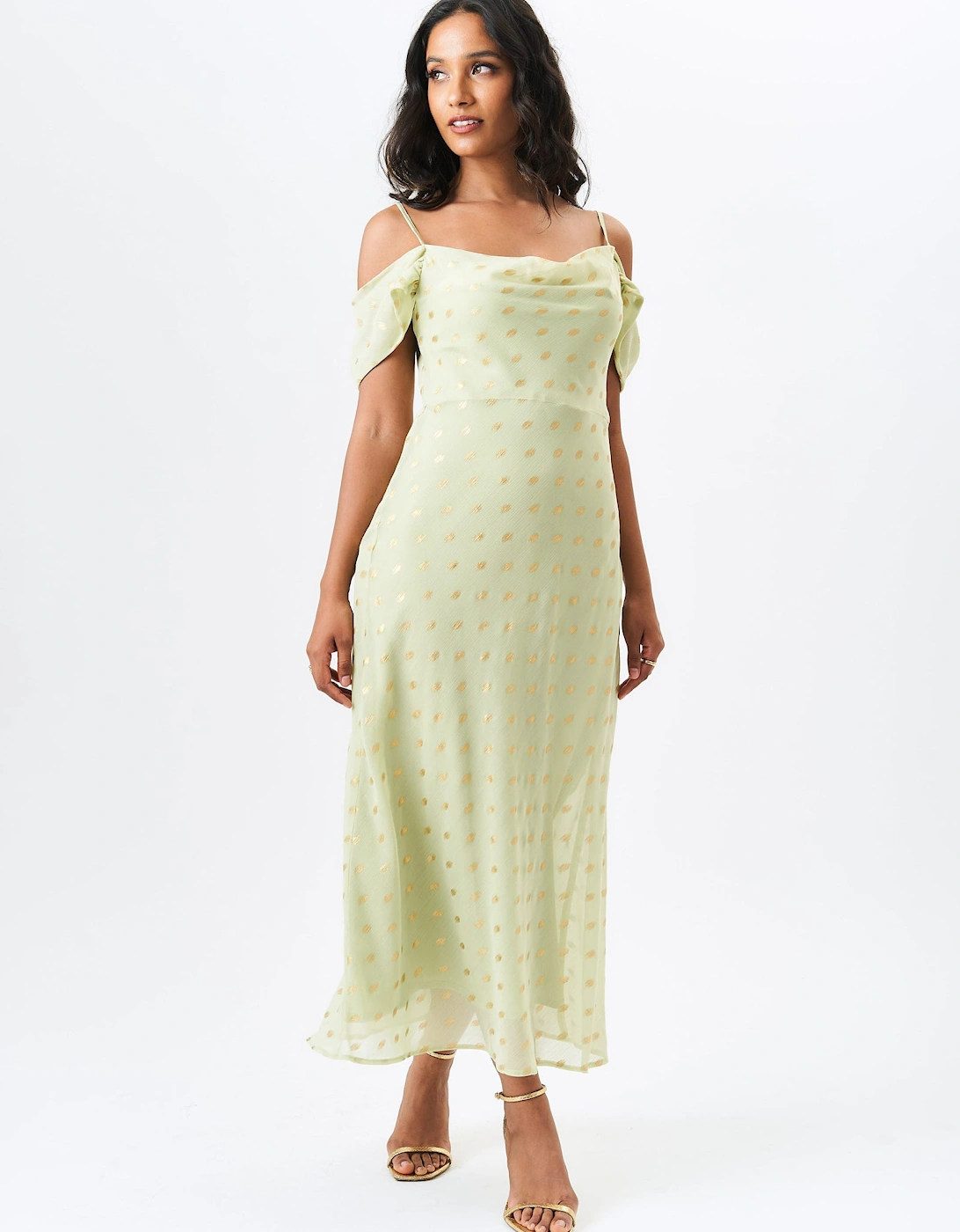 Sage Green Cowl Neck Drop Sleeves Foil Maxi Dress