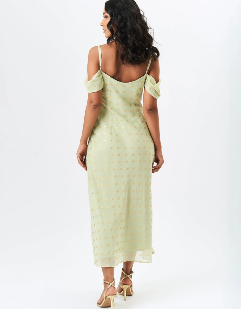 Sage Green Cowl Neck Drop Sleeves Foil Maxi Dress