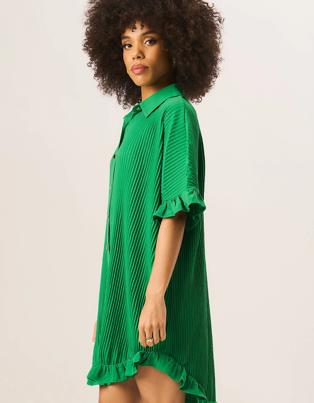 Green Plisse Frill Detail Oversized Shirt Dress