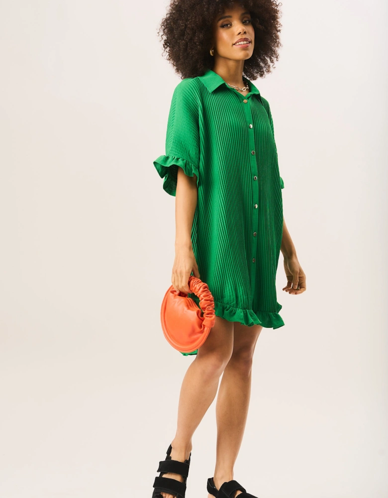 Green Plisse Frill Detail Oversized Shirt Dress