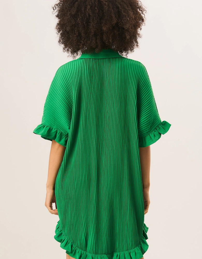 Green Plisse Frill Detail Oversized Shirt Dress