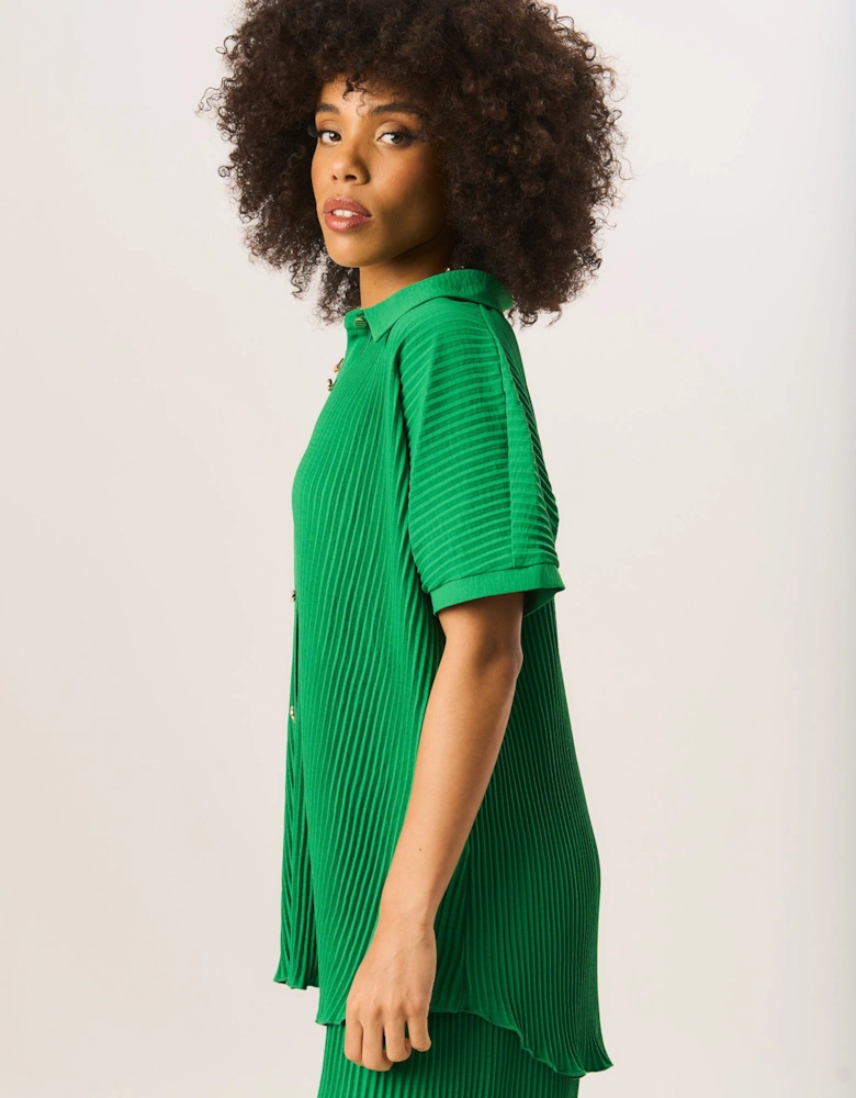 Green Plisse Short Sleeve Oversized Shirt