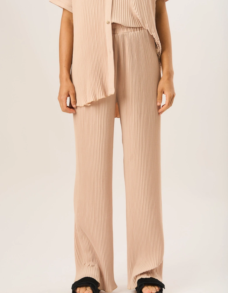 Beige Plisse Loungewear Wide Leg Trousers