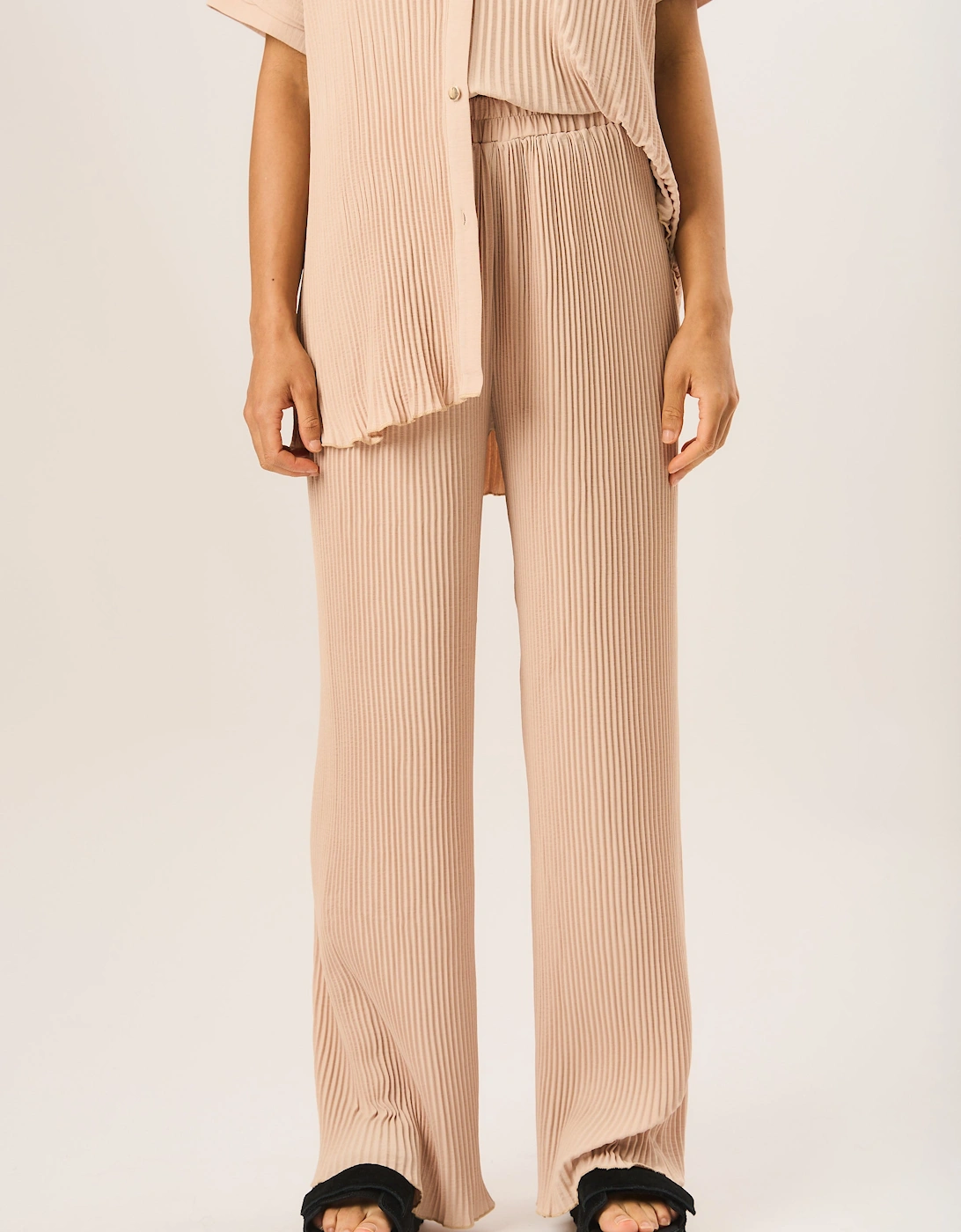 Beige Plisse Loungewear Wide Leg Trousers