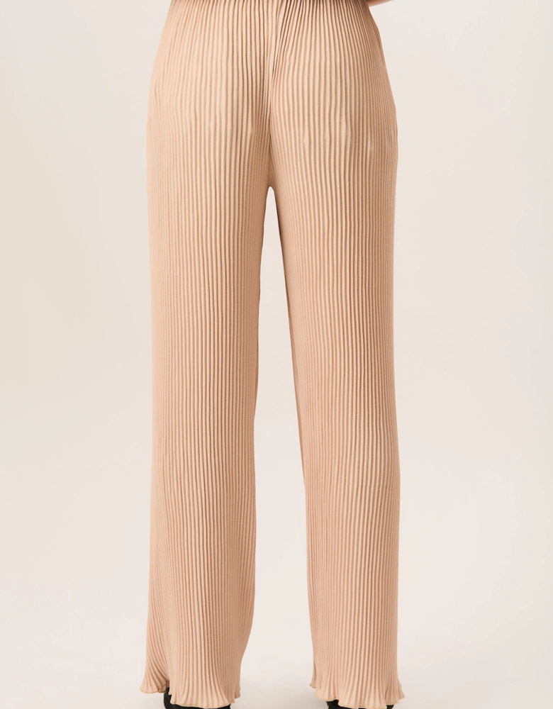 Beige Plisse Loungewear Wide Leg Trousers