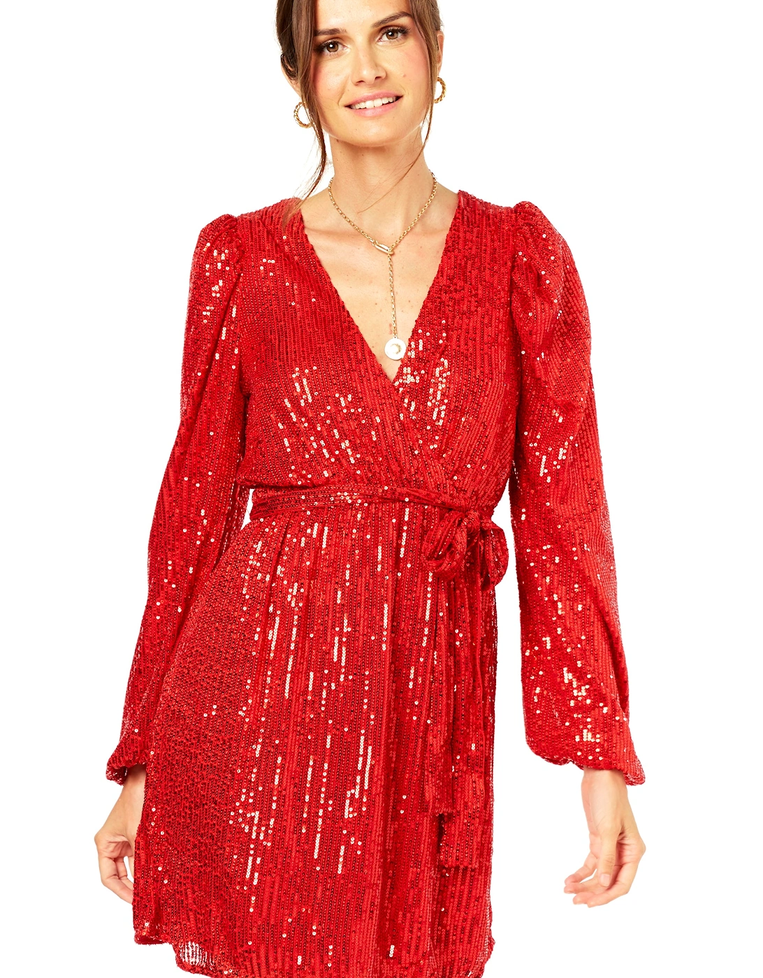 Bright Red Sequin V Neck Belted Mini Dress, 5 of 4