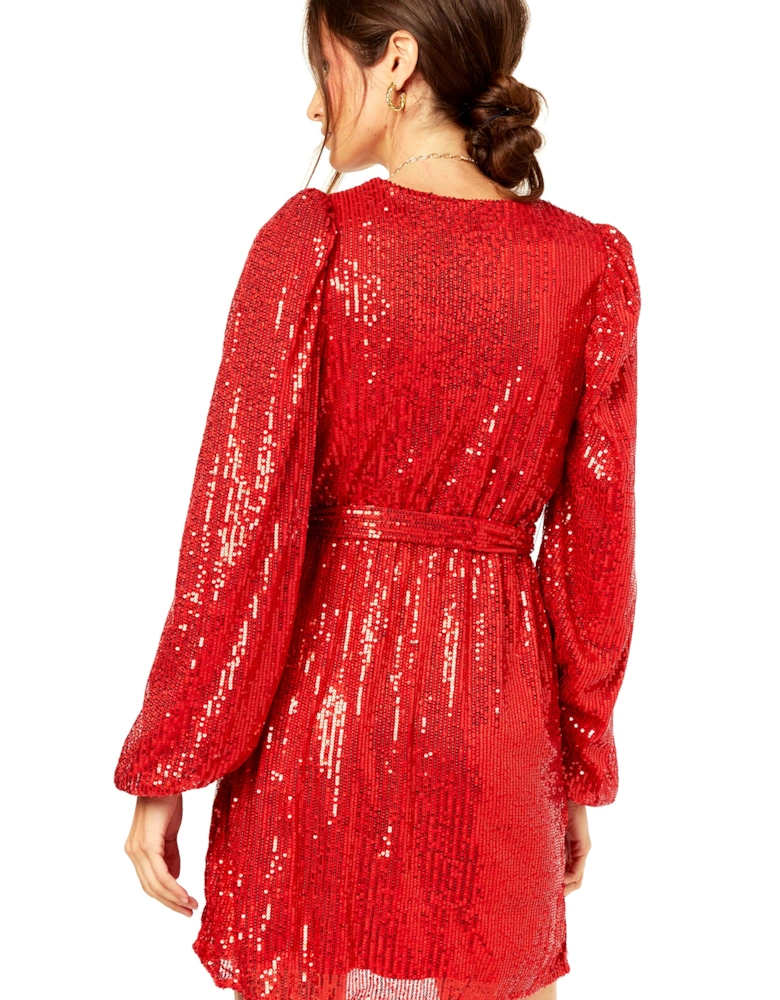 Bright Red Sequin V Neck Belted Mini Dress