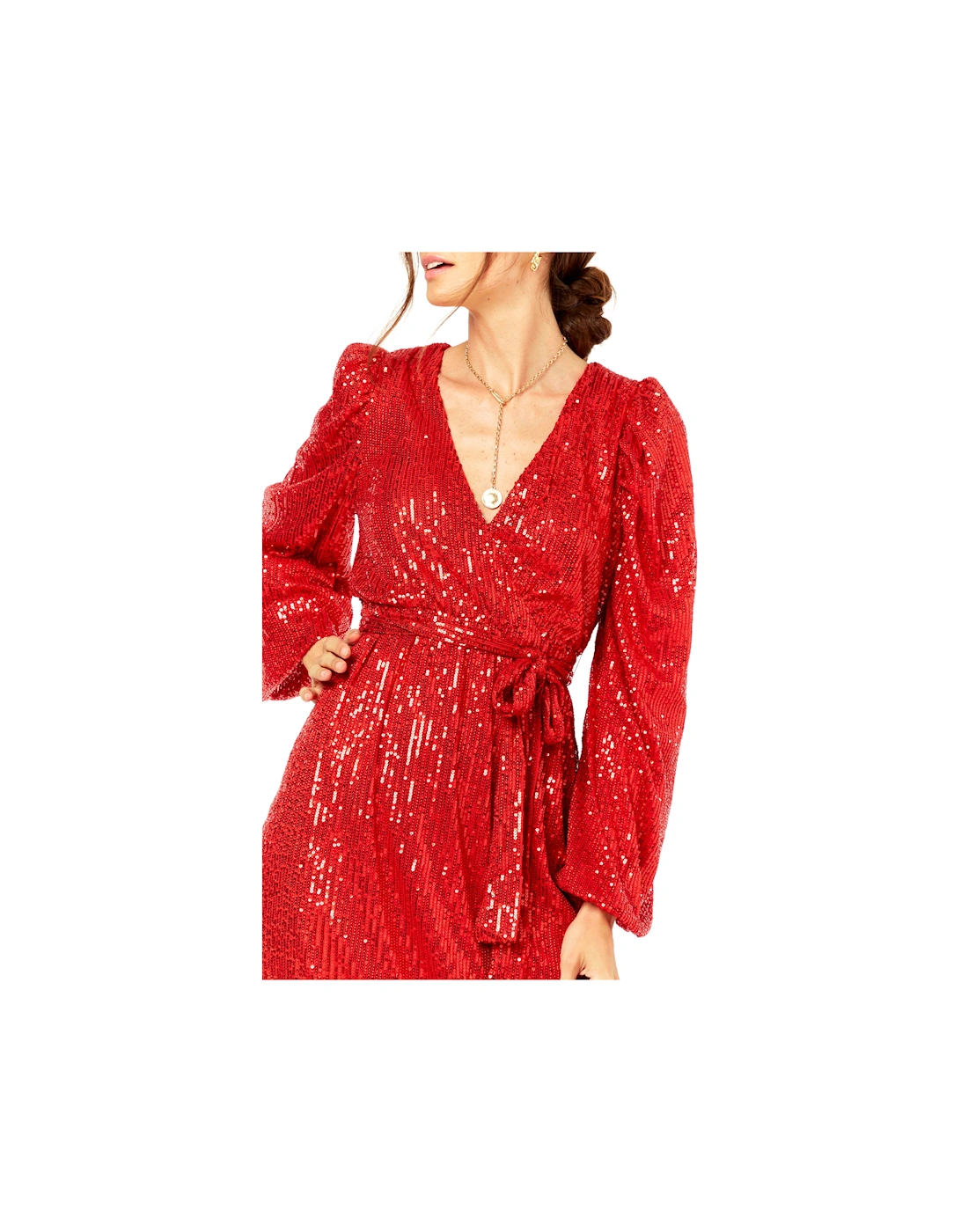 Bright Red Sequin V Neck Belted Mini Dress