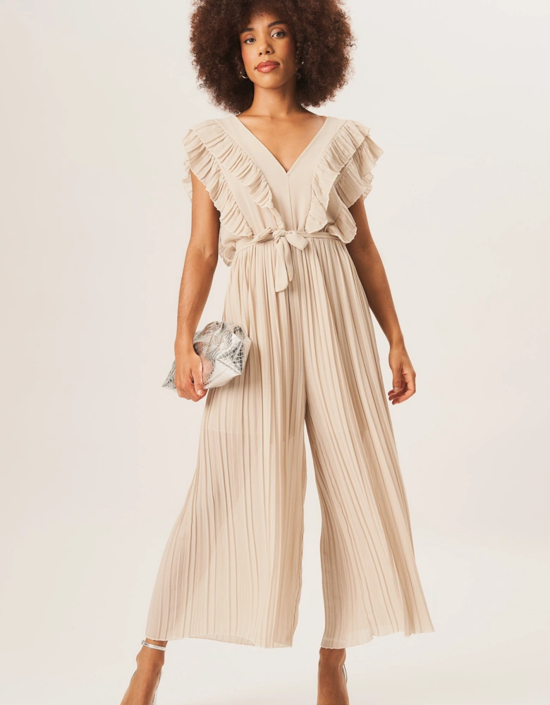 Beige Ruffle Detail Pleated Culotte Jumpsuit