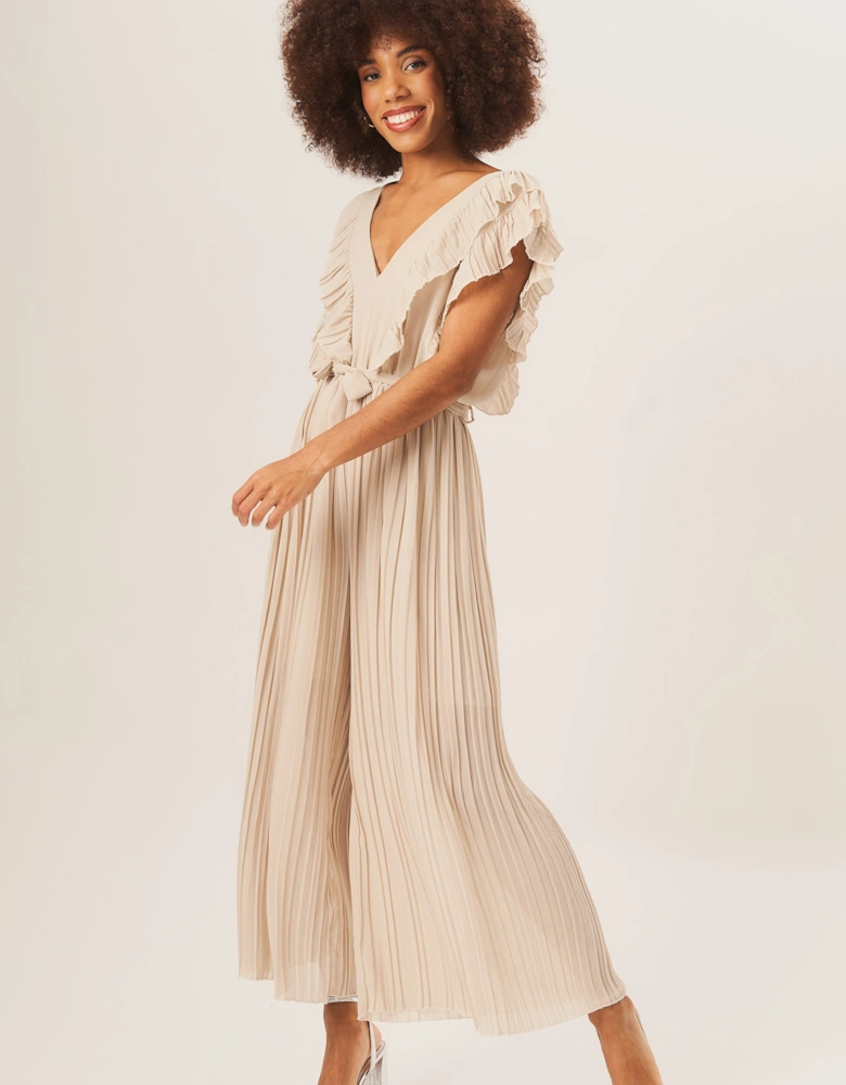 Beige Ruffle Detail Pleated Culotte Jumpsuit