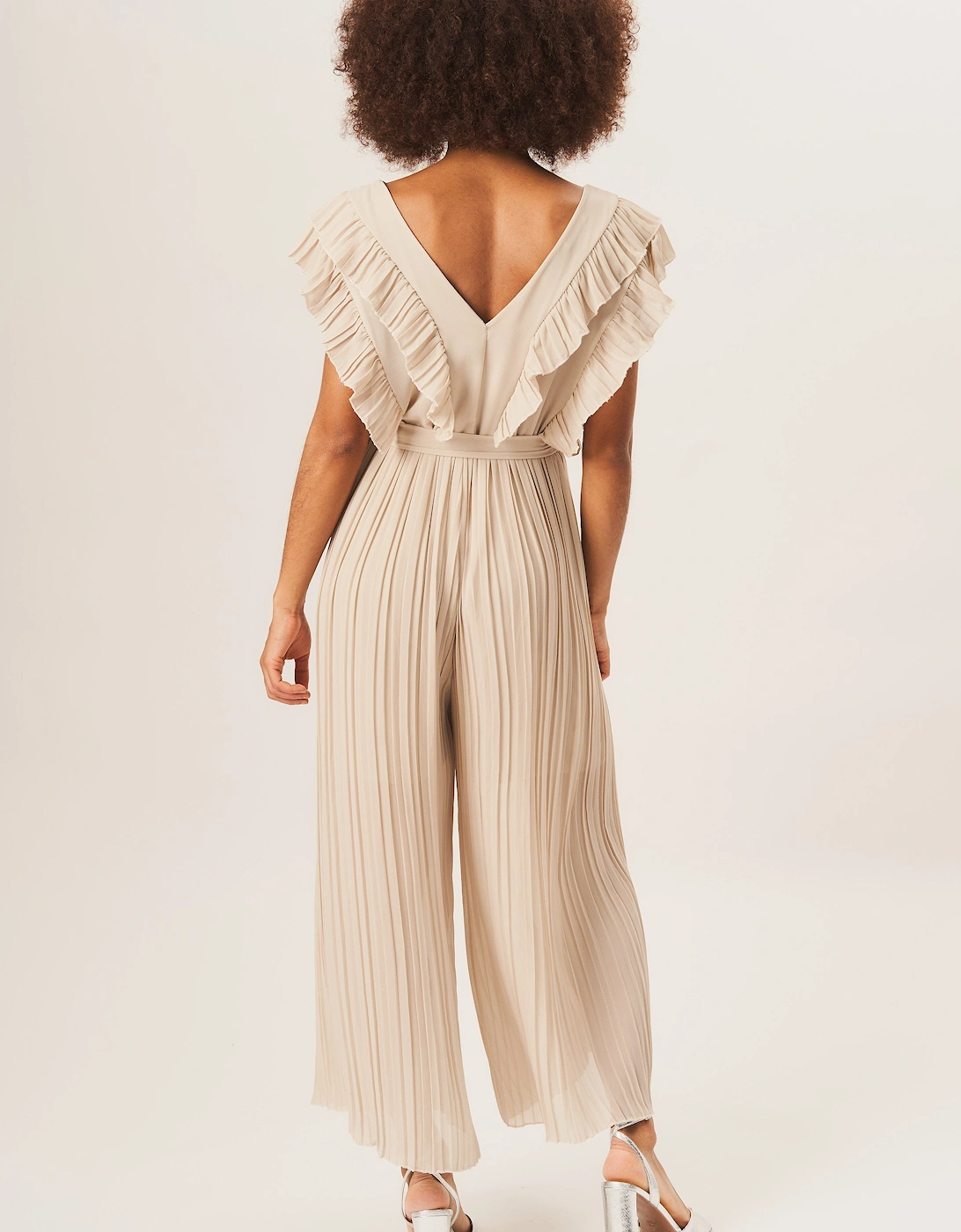 Beige Ruffle Detail Pleated Culotte Jumpsuit