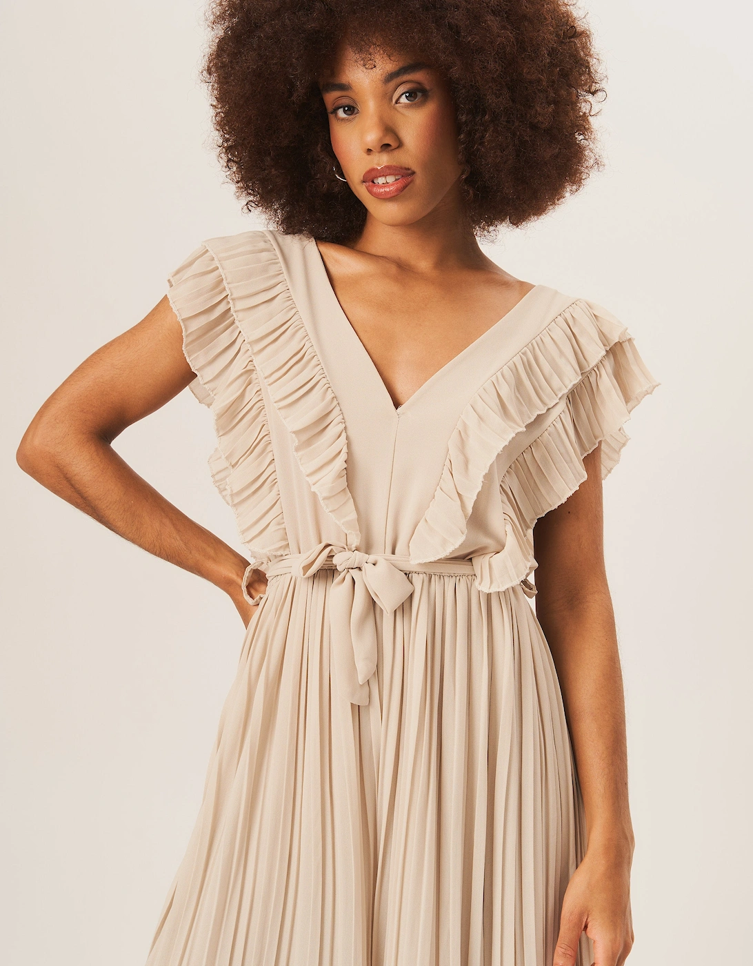 Beige Ruffle Detail Pleated Culotte Jumpsuit