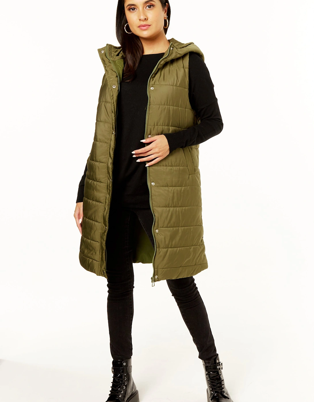 Khaki Longline Padded Hooded Gilet, 5 of 4