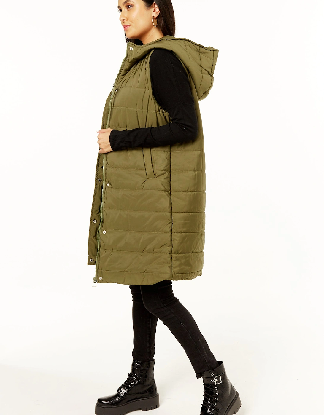 Khaki Longline Padded Hooded Gilet