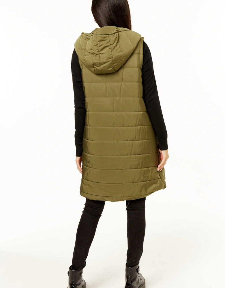Khaki Longline Padded Hooded Gilet