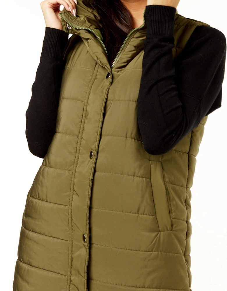 Khaki Longline Padded Hooded Gilet