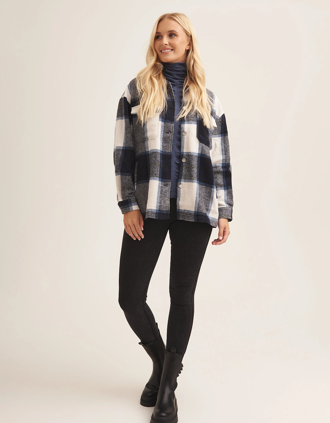 Gini London Women's Navy Check Oversized Pocket Detail Shacket - Size: 10/12