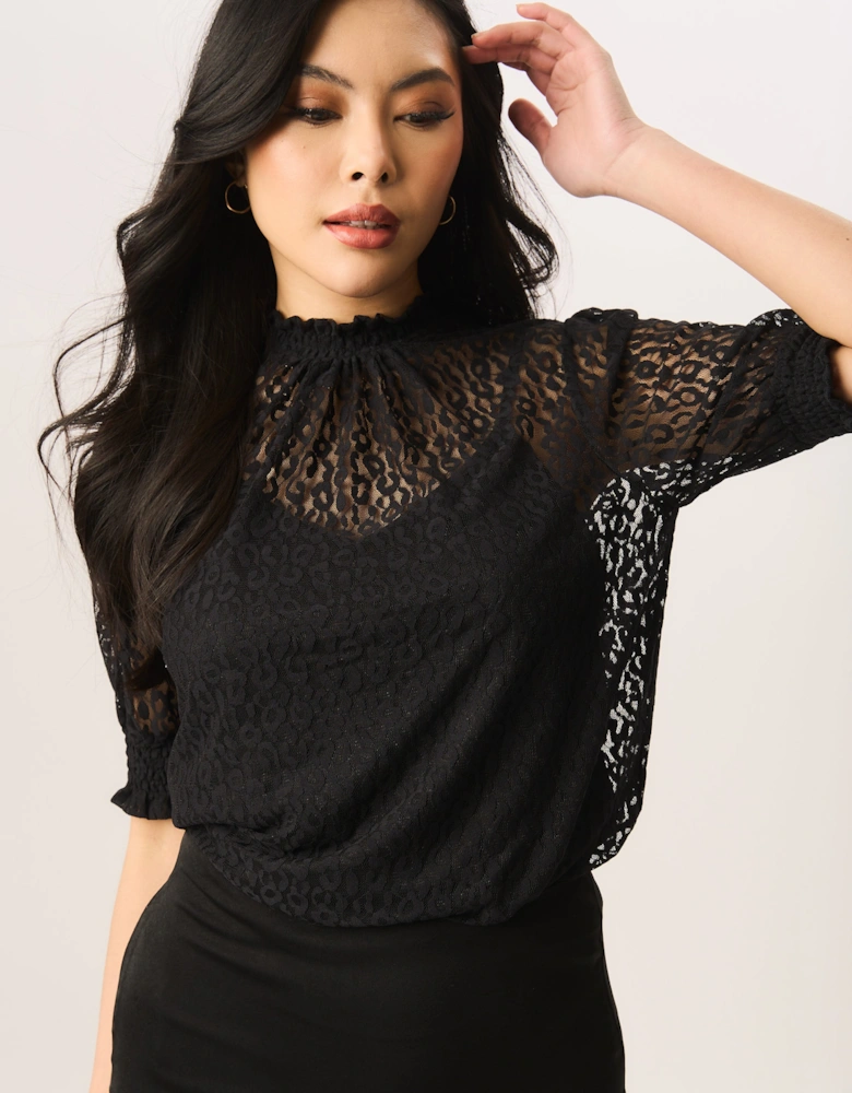 Black High Neck Lace Loose Fit Blouse