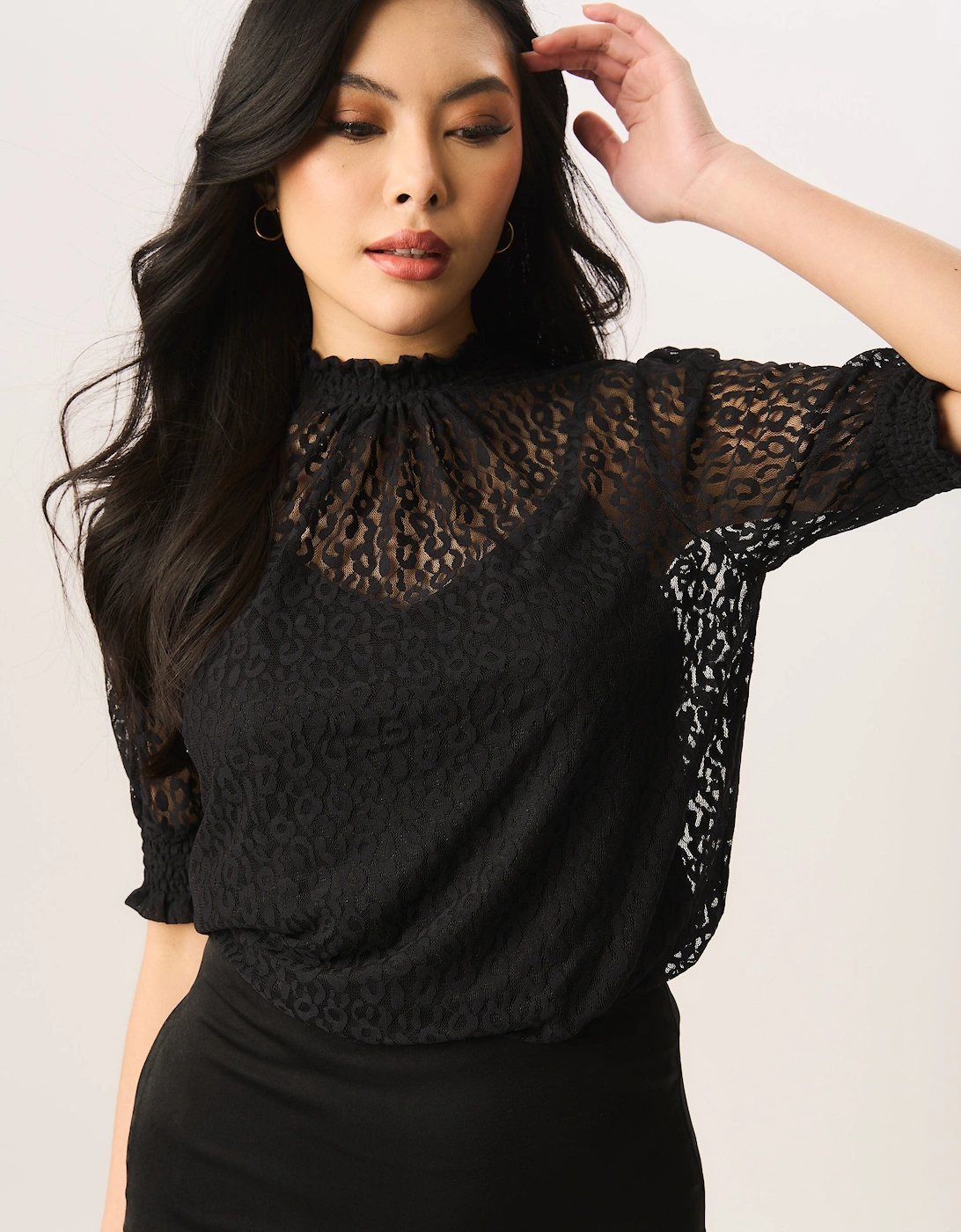 Black High Neck Lace Loose Fit Blouse, 5 of 4
