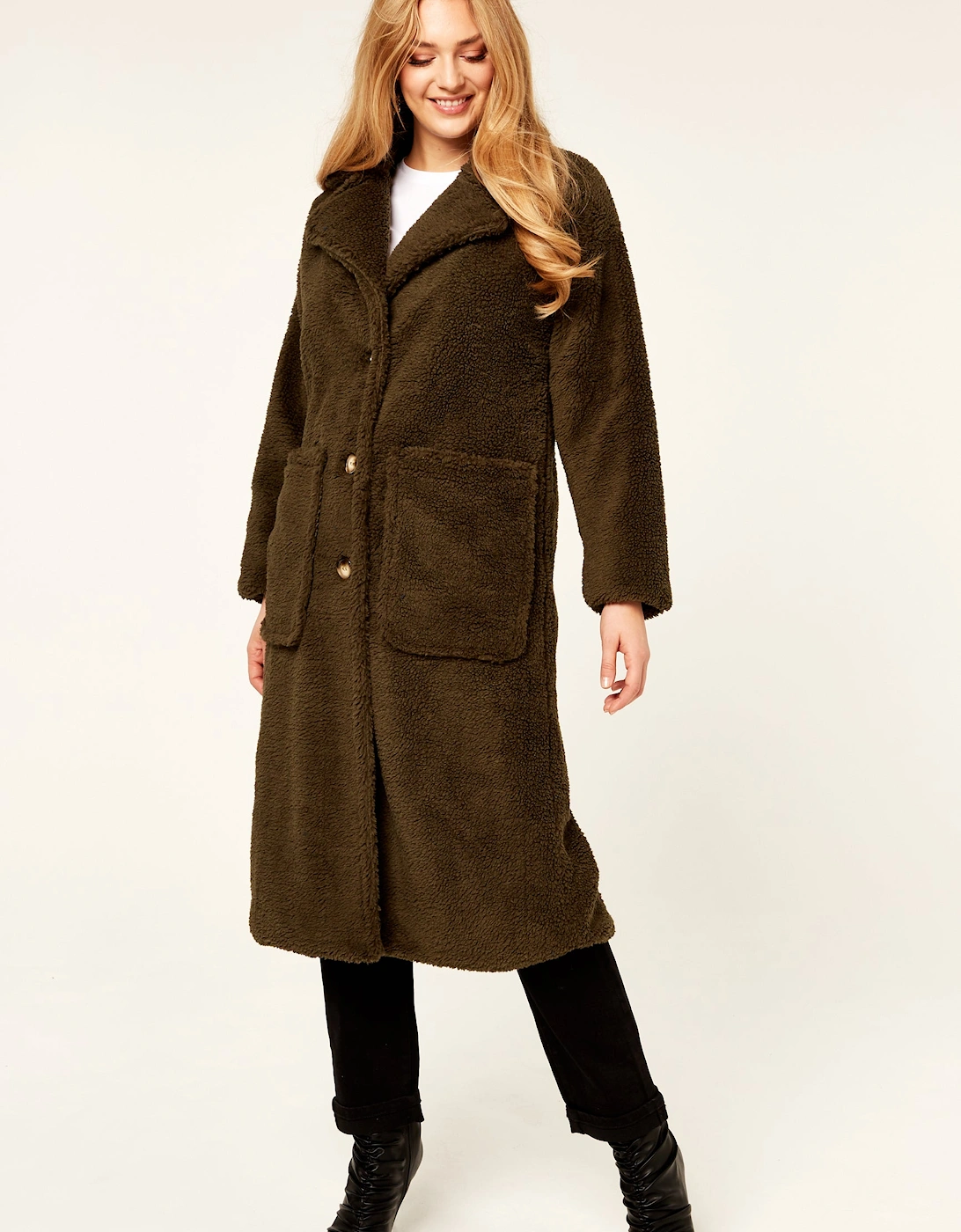 Gini London Women's Khaki Longline Teddy Coat - Brown - Size: 10/12