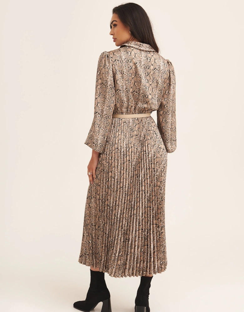 Beige Snake Pleated Shirt Dress with Belt