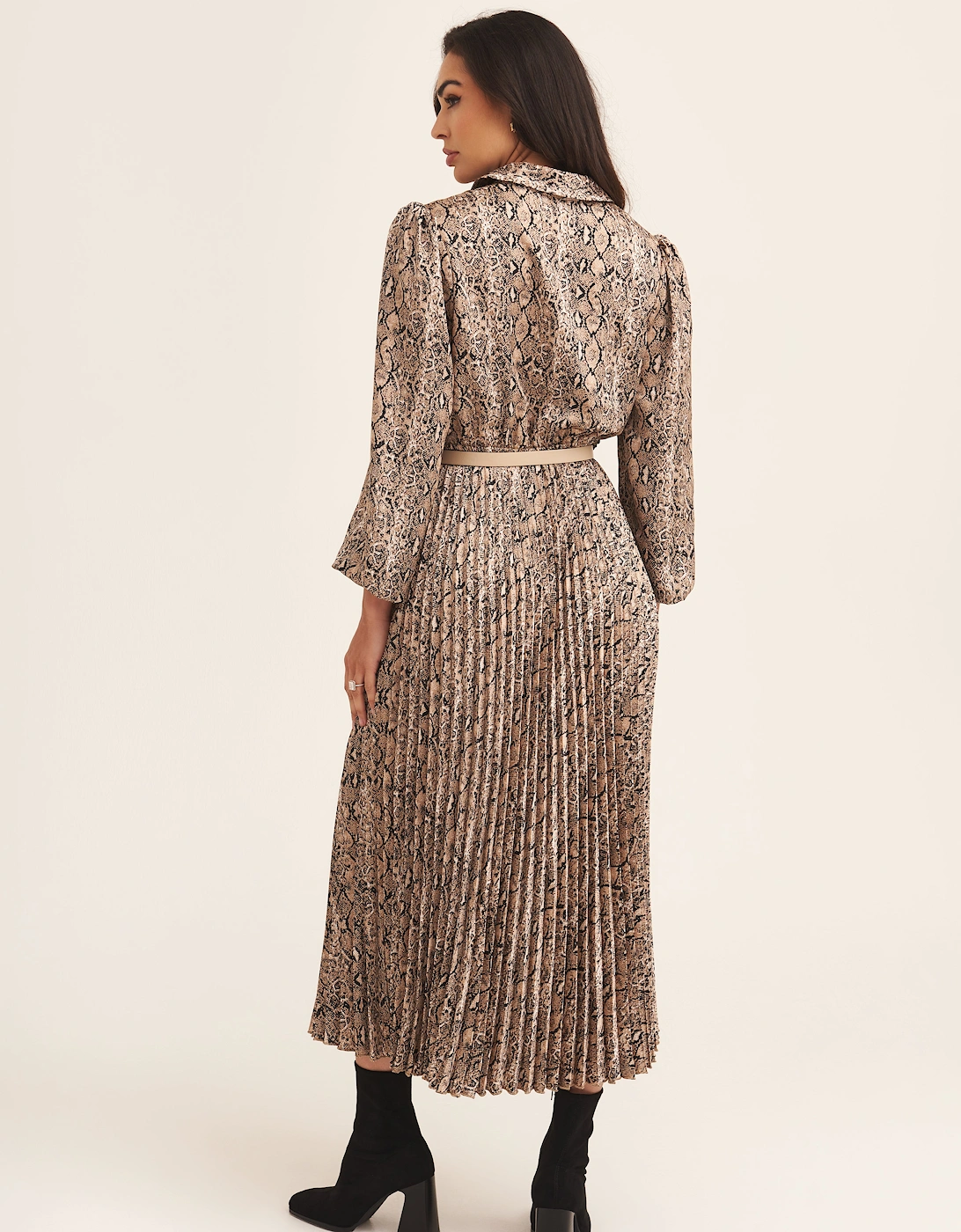 Beige Snake Pleated Shirt Dress with Belt