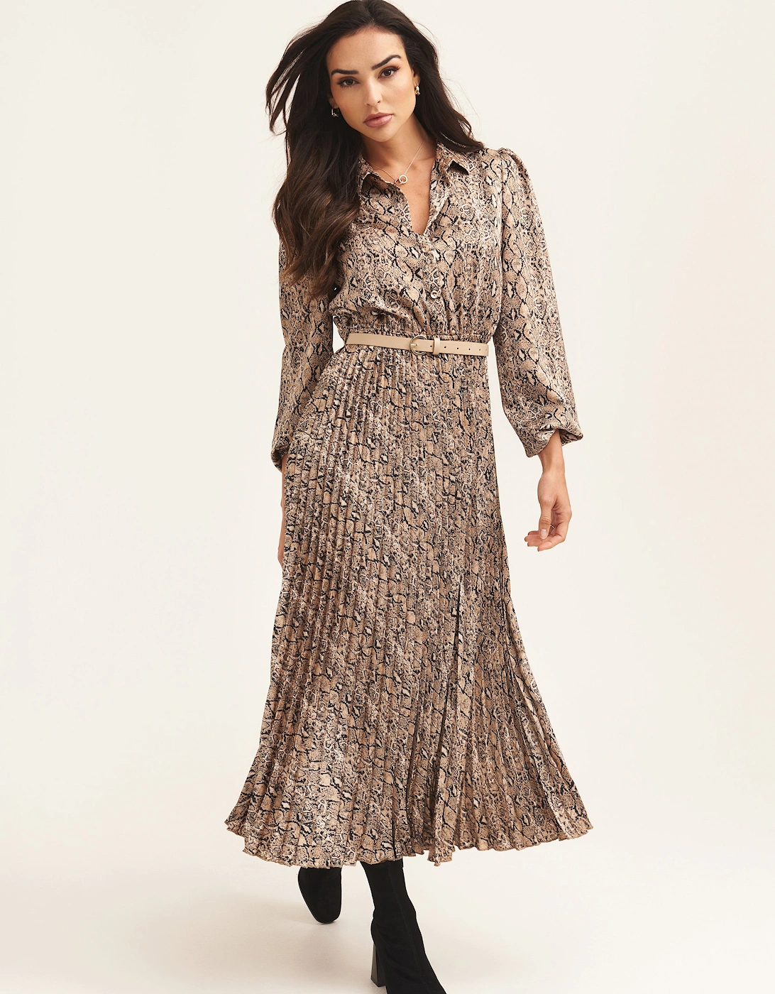 Beige Snake Pleated Shirt Dress with Belt, 5 of 4