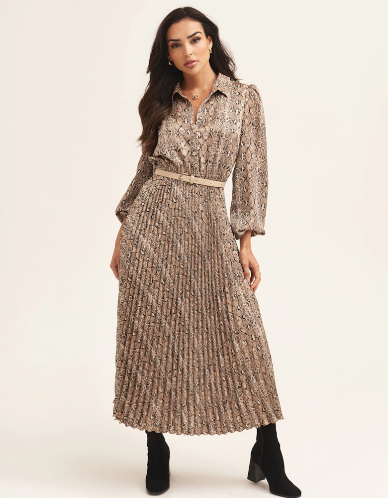 Beige Snake Pleated Shirt Dress with Belt