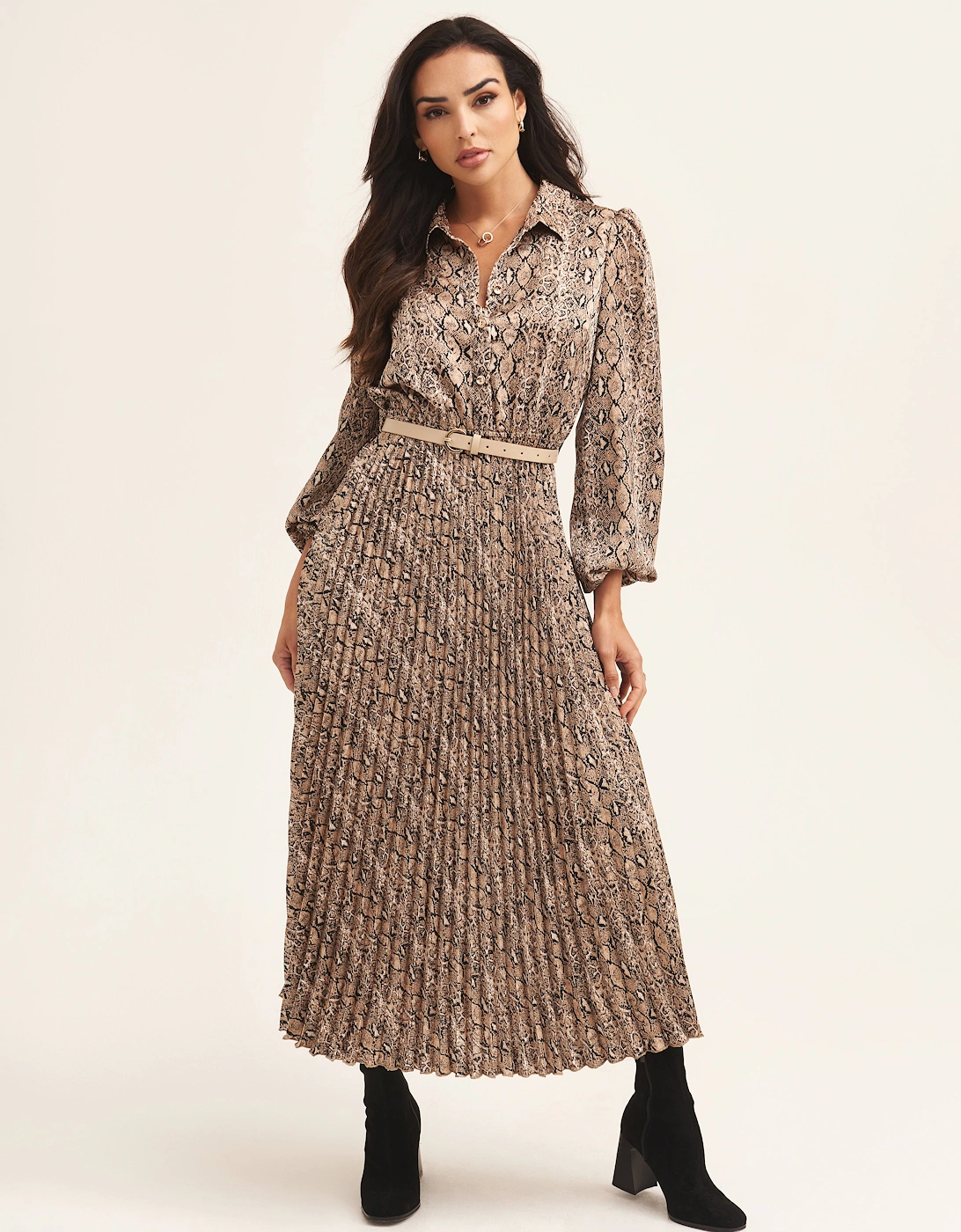 Beige Snake Pleated Shirt Dress with Belt