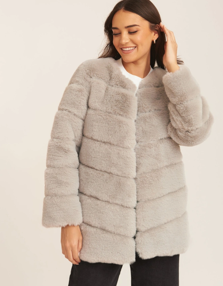 Silver Diagonal Cut Faux Fur Long Sleeve Jacket