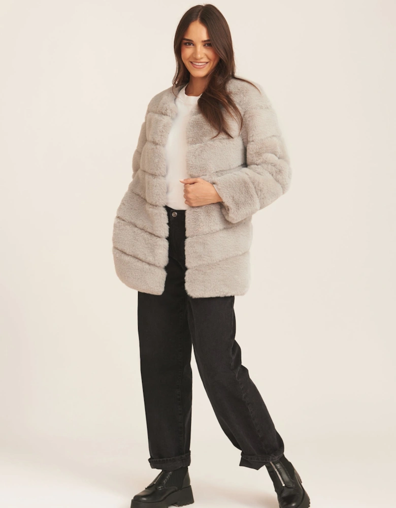 Silver Diagonal Cut Faux Fur Long Sleeve Jacket