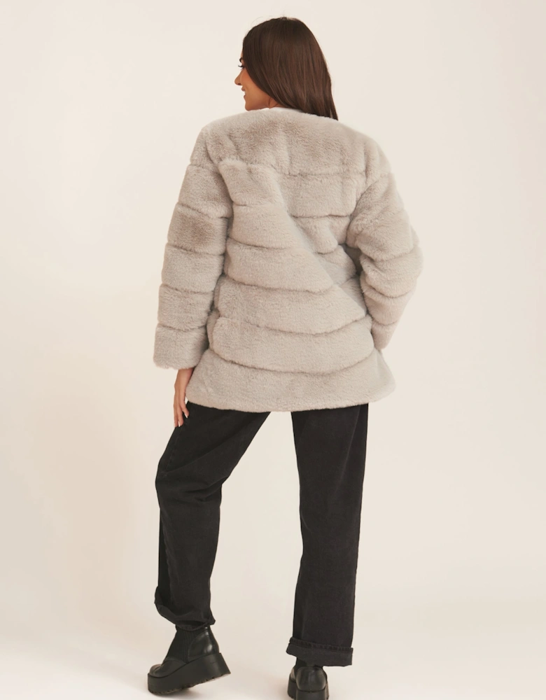 Silver Diagonal Cut Faux Fur Long Sleeve Jacket