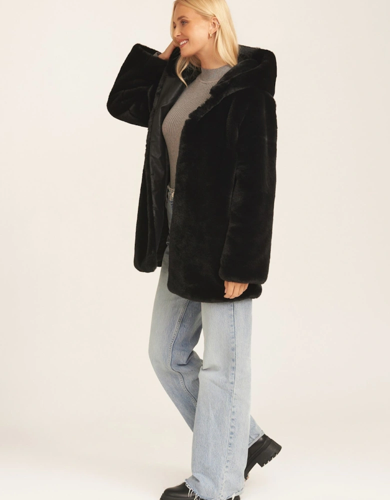 Black Hooded Long Sleeve Faux Fur Jacket