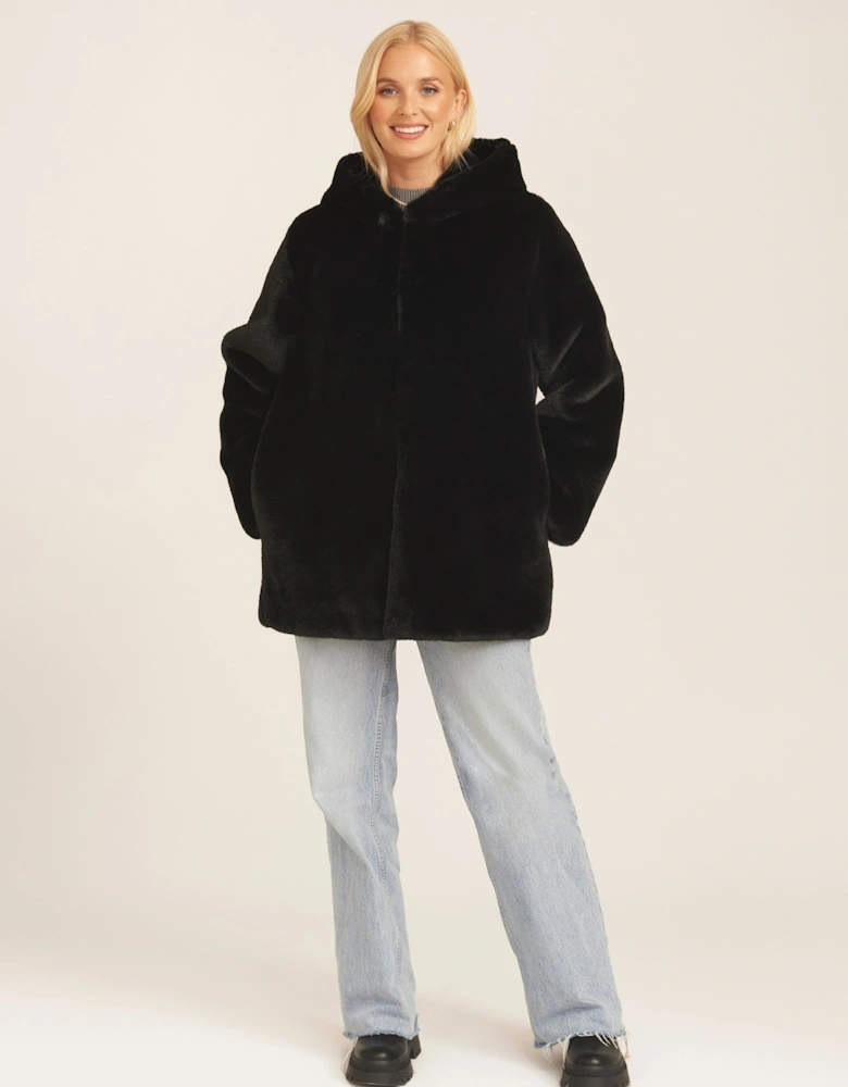 Black Hooded Long Sleeve Faux Fur Jacket