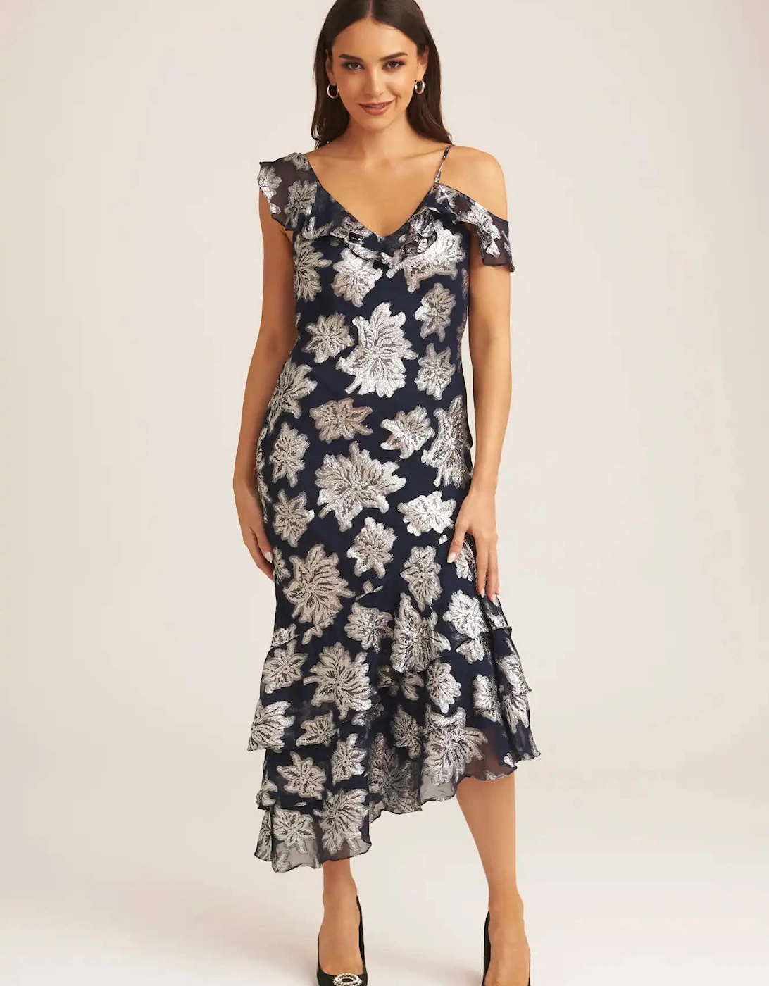 Gini London Women's Navy Floral Clipped Tiered Ruffle Midi Dress - Black - Size: 8