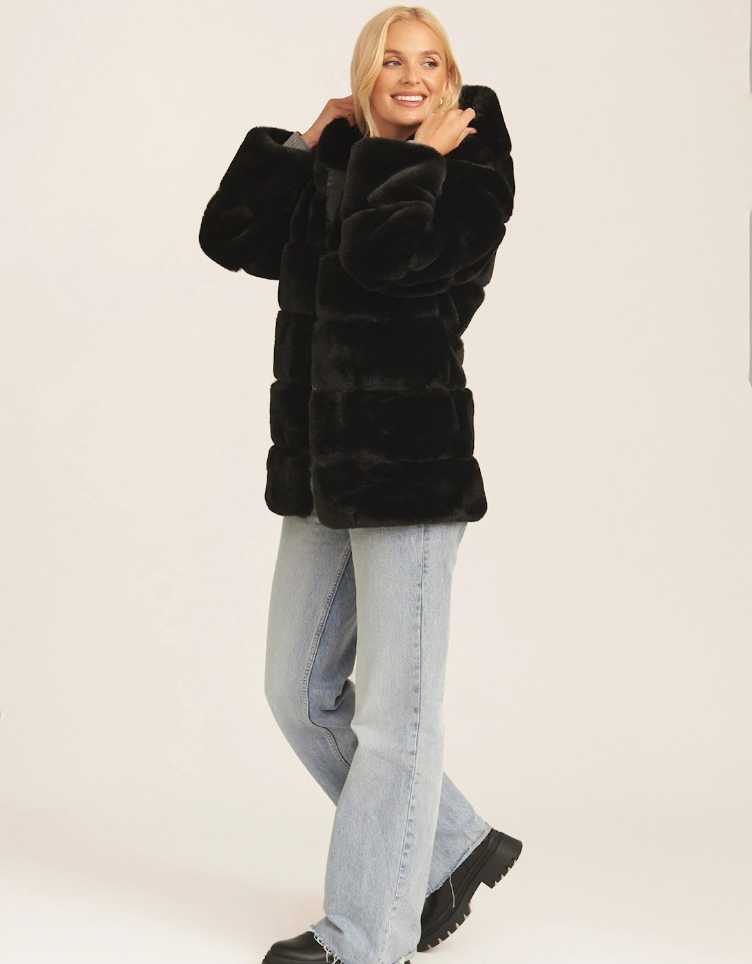 Black Horizontal Cut Fur Hooded Jacket