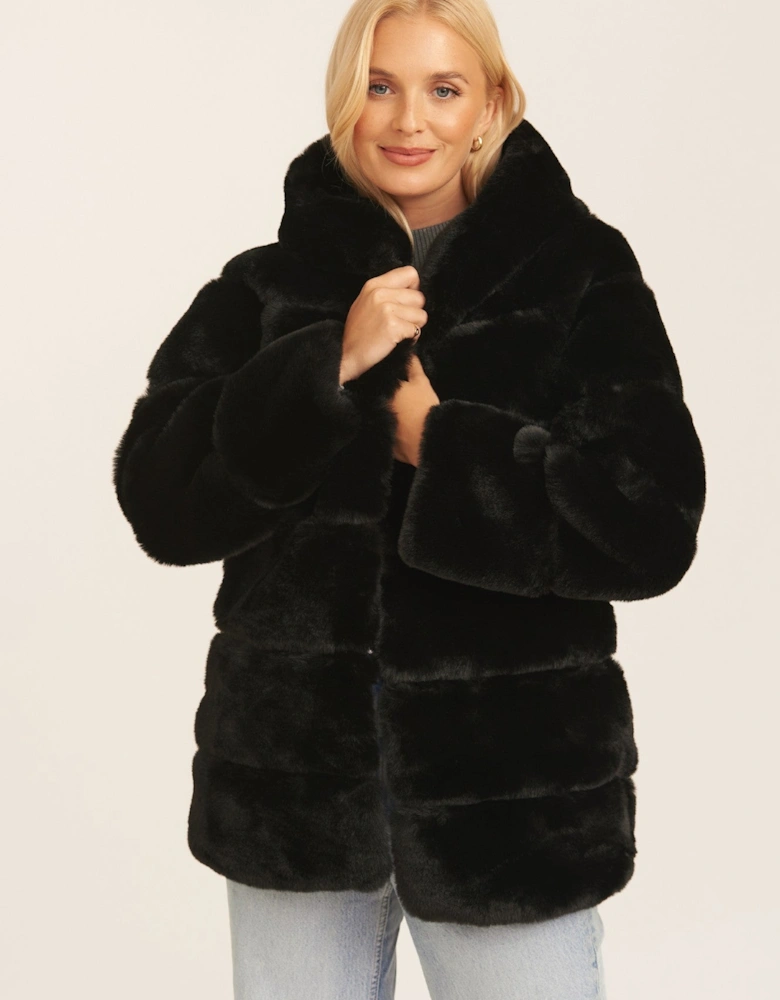 Black Horizontal Cut Fur Hooded Jacket