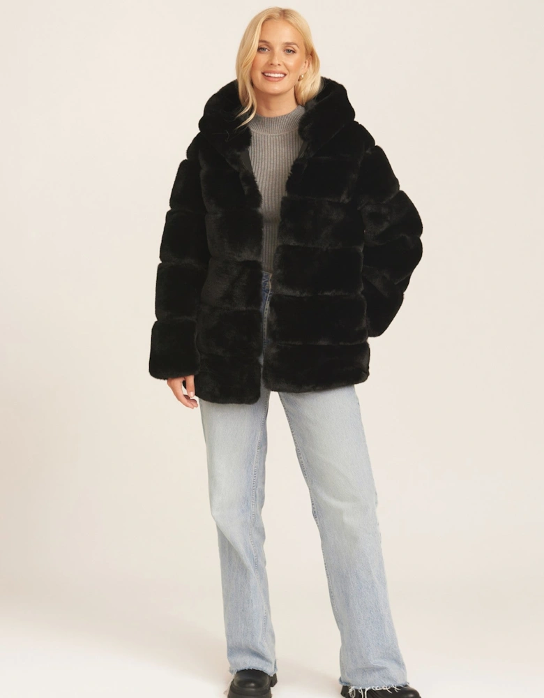 Black Horizontal Cut Fur Hooded Jacket