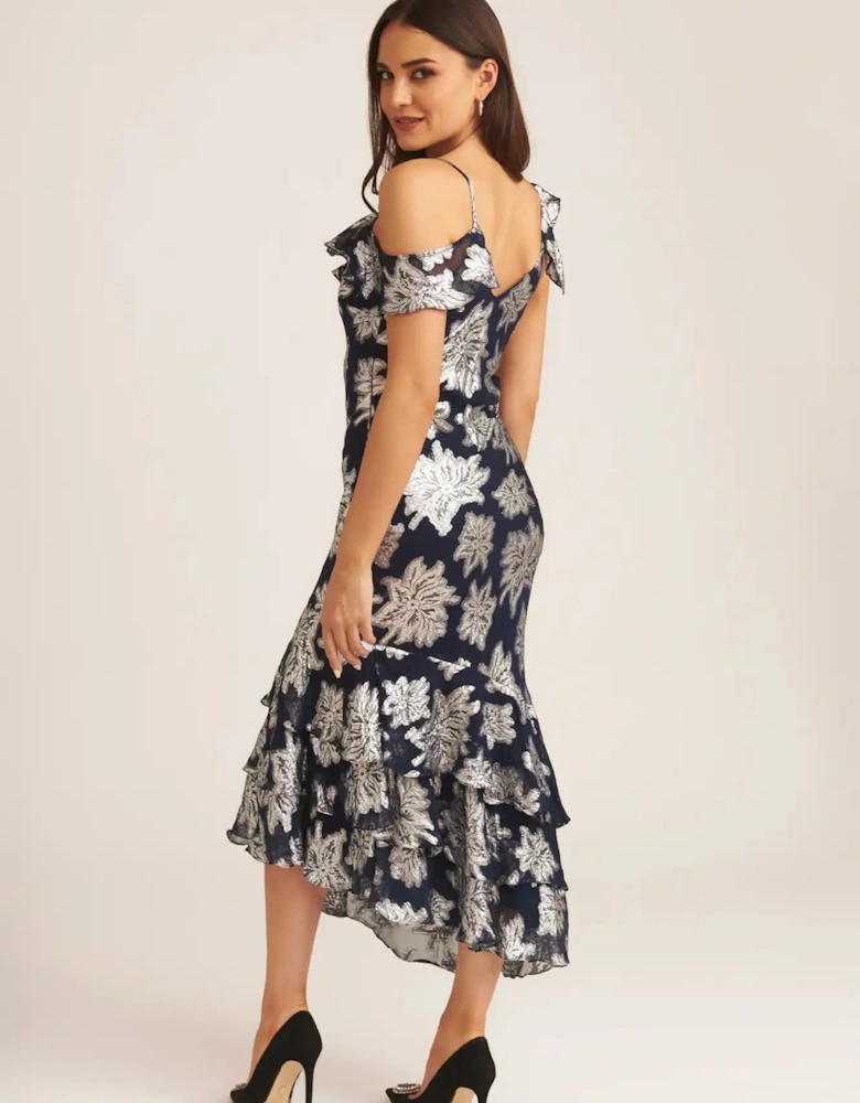 Navy Floral Clipped Tiered Ruffle Midi Dress