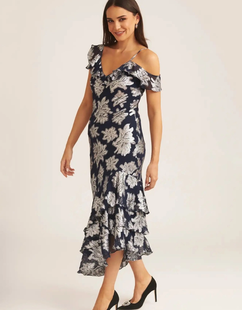 Navy Floral Clipped Tiered Ruffle Midi Dress