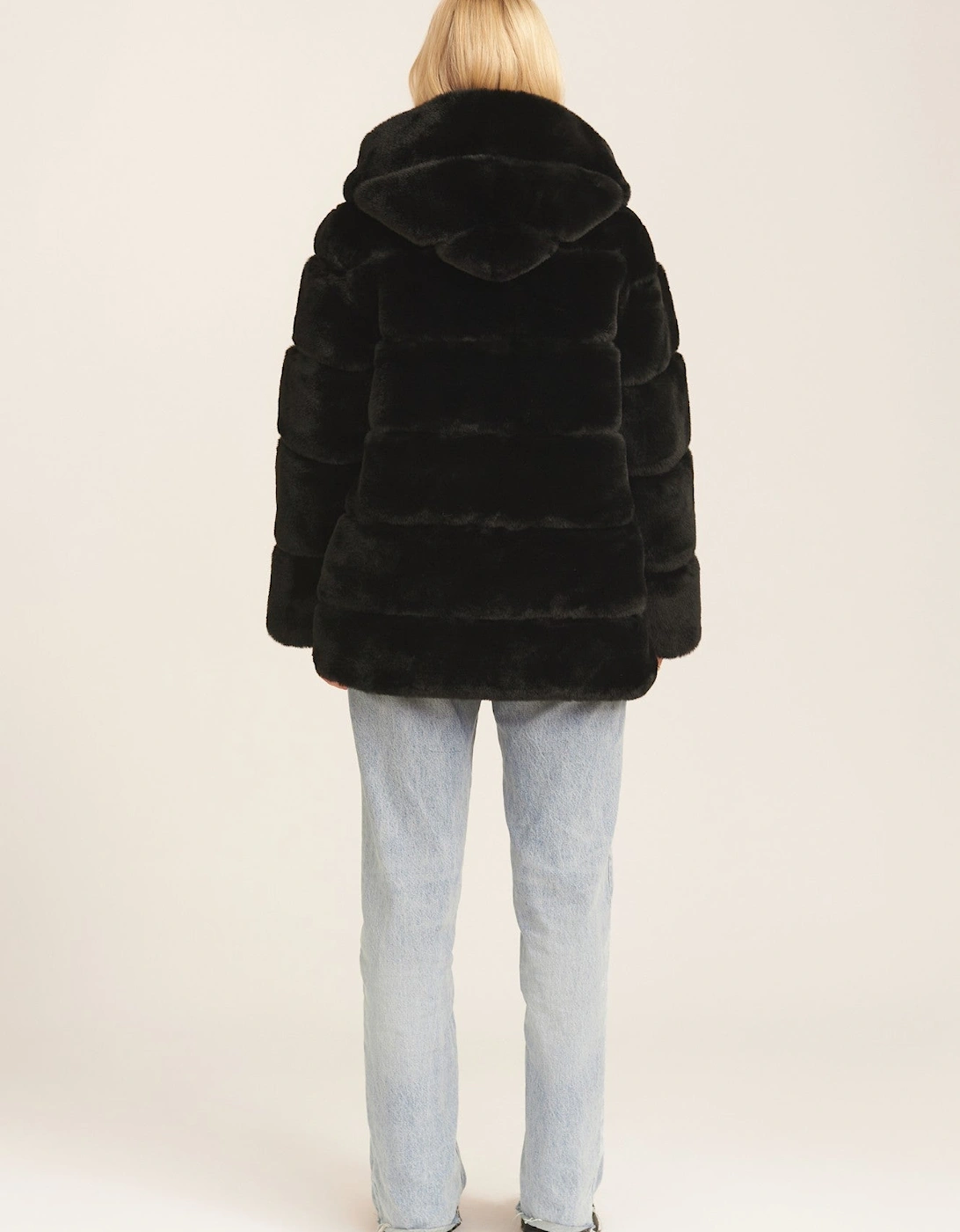 Black Horizontal Cut Fur Hooded Jacket