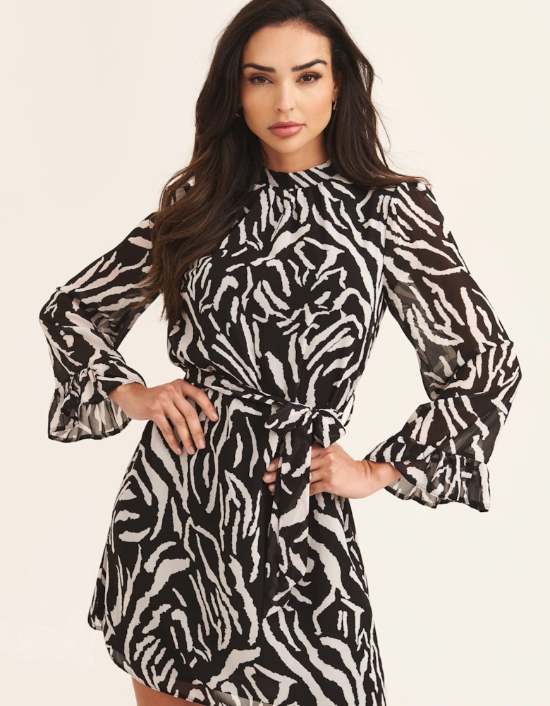 Black Zebra Frill Flared Sleeve Shift Dress