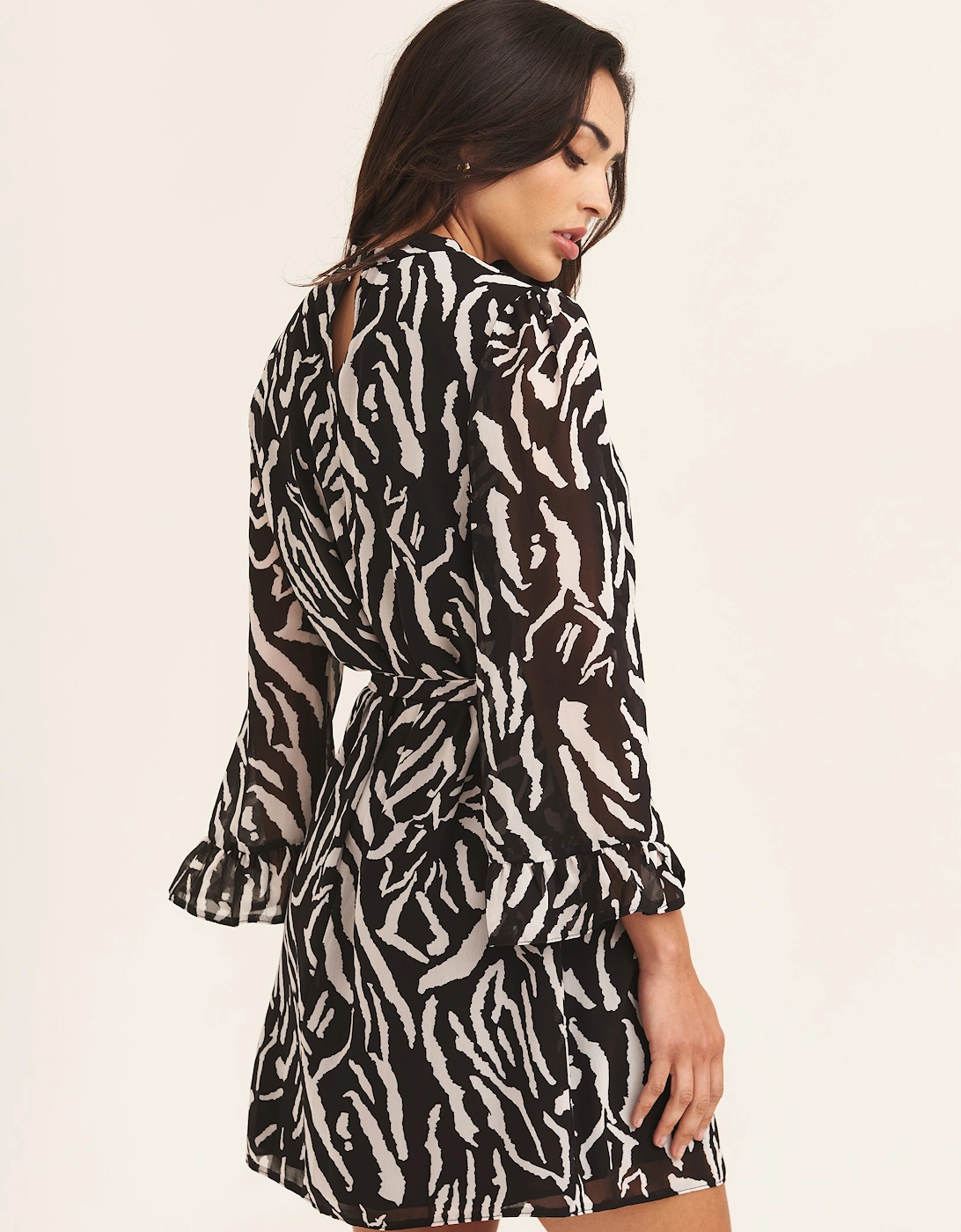 Black Zebra Frill Flared Sleeve Shift Dress
