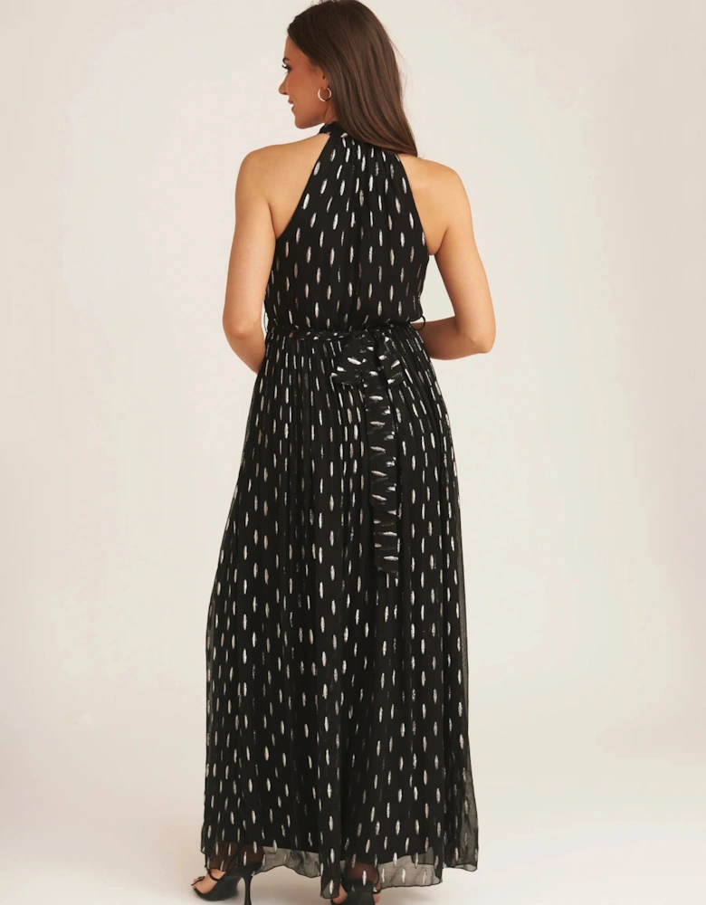 Black Jacquard Halter Neck Maxi Dress