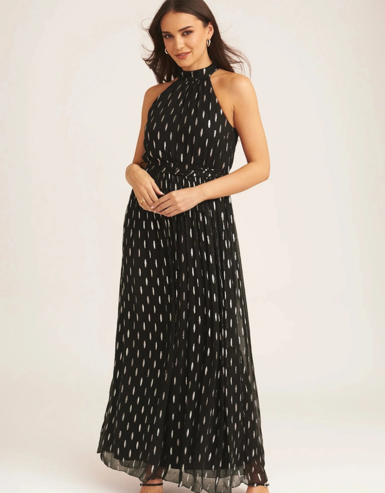 Black Jacquard Halter Neck Maxi Dress