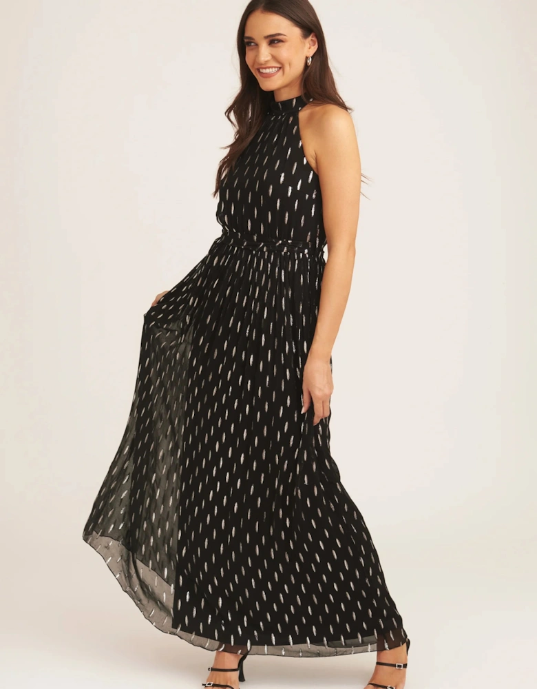 Black Jacquard Halter Neck Maxi Dress