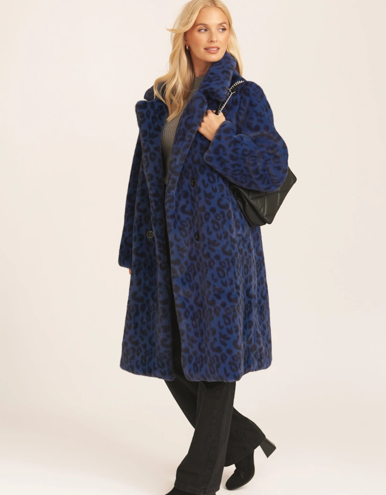 Navy Leopard Double Breasted Longline Faux Fur Coat