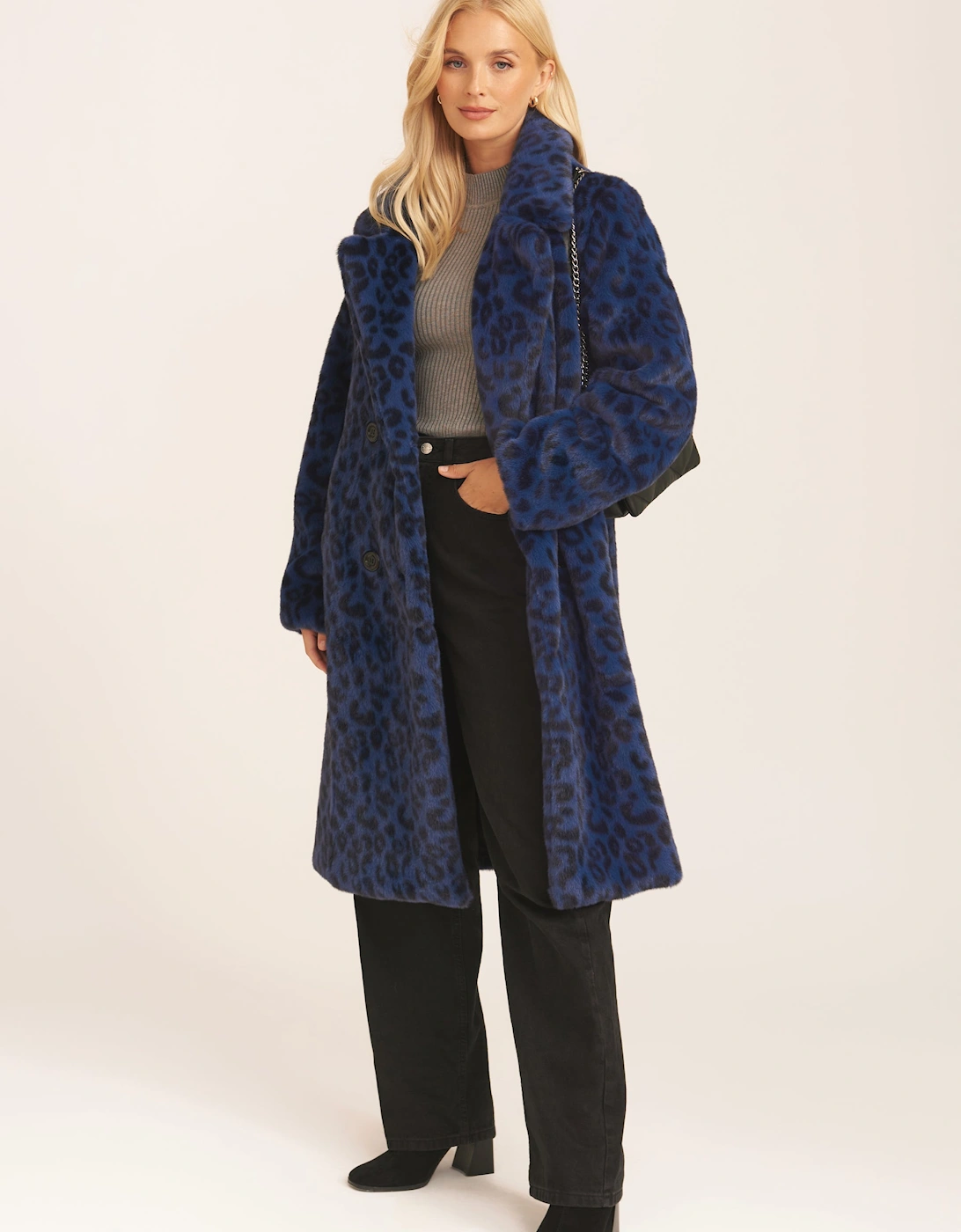 Navy Leopard Double Breasted Longline Faux Fur Coat, 5 of 4